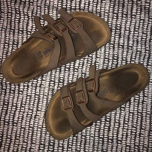 Tan strappy Birkenstock sandals